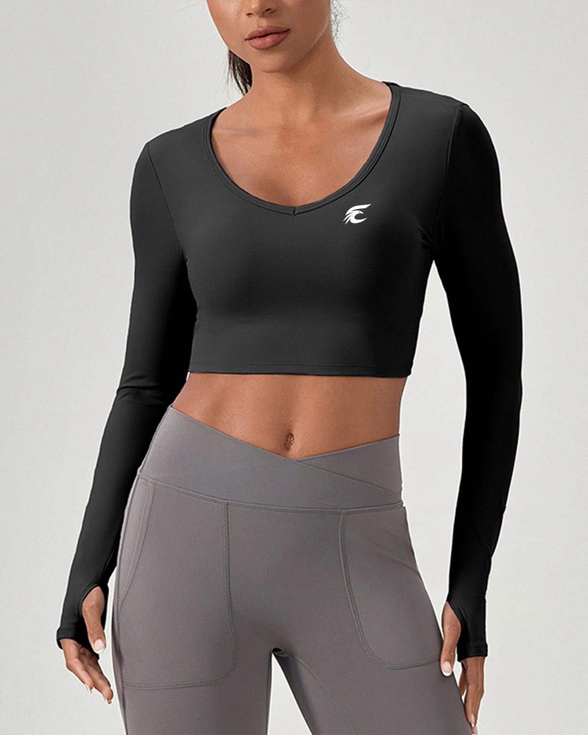 V-Neck Long Sleeve Crop Top with Thumbholes