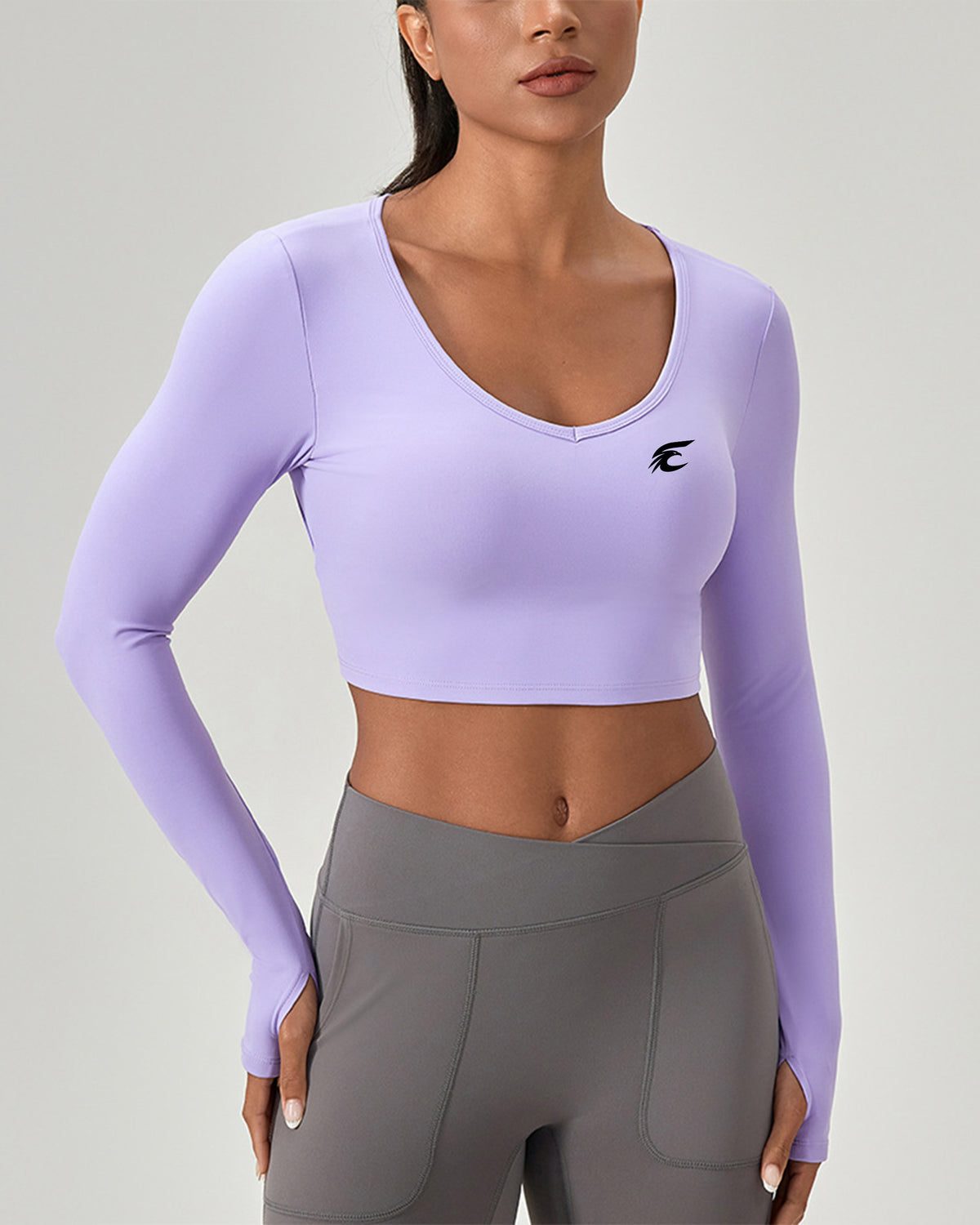V-Neck Long Sleeve Crop Top with Thumbholes
