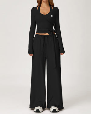3-Piece Wrap-Tie Top & Wide-Leg Pants Set