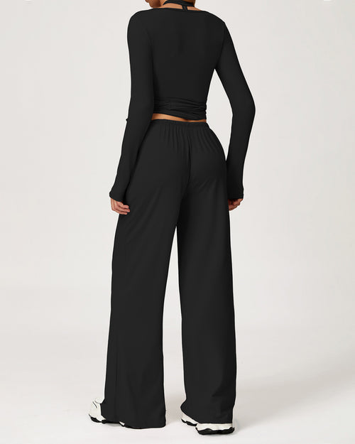 3-Piece Wrap-Tie Top & Wide-Leg Pants Set