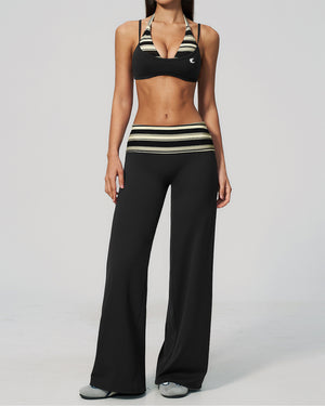 Striped-Trim Halter Bra & Foldover Pants Set