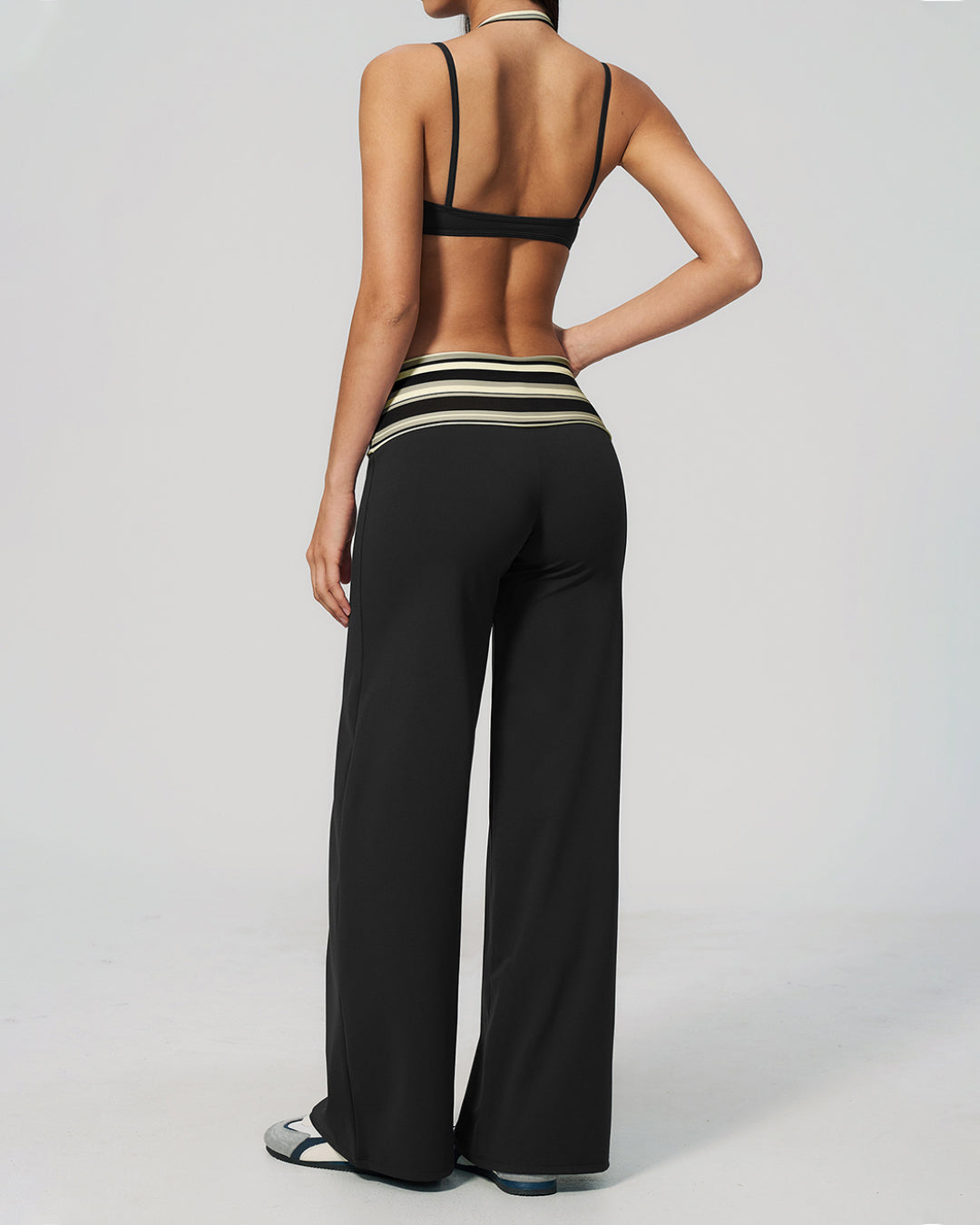 Striped-Trim Halter Bra & Foldover Pants Set